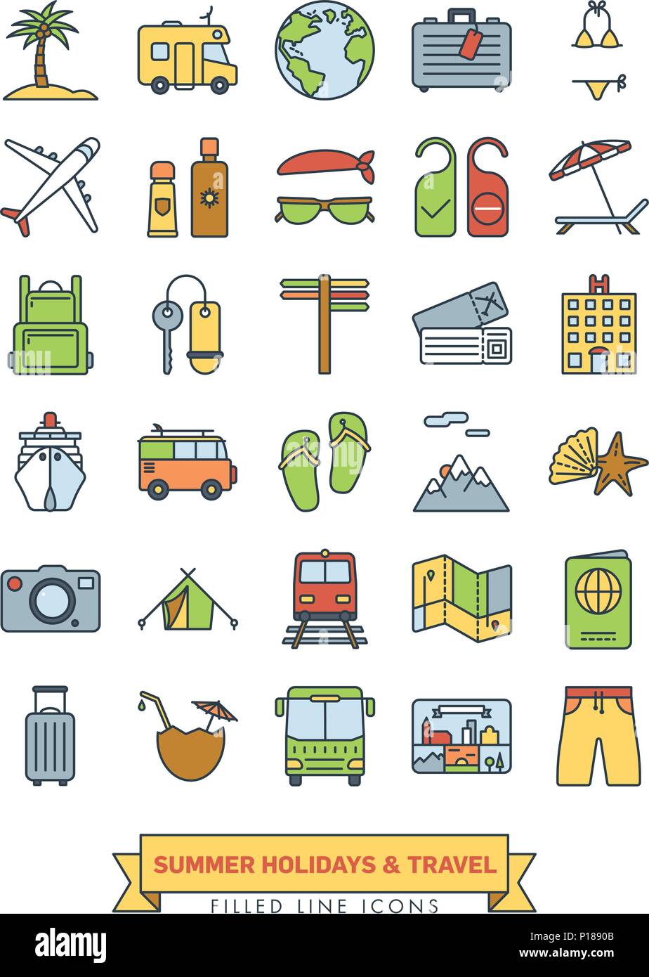 Sommerferien und Global Travel Zeile für Symbole mit Farbe füllen Sammlung Stock Vektor