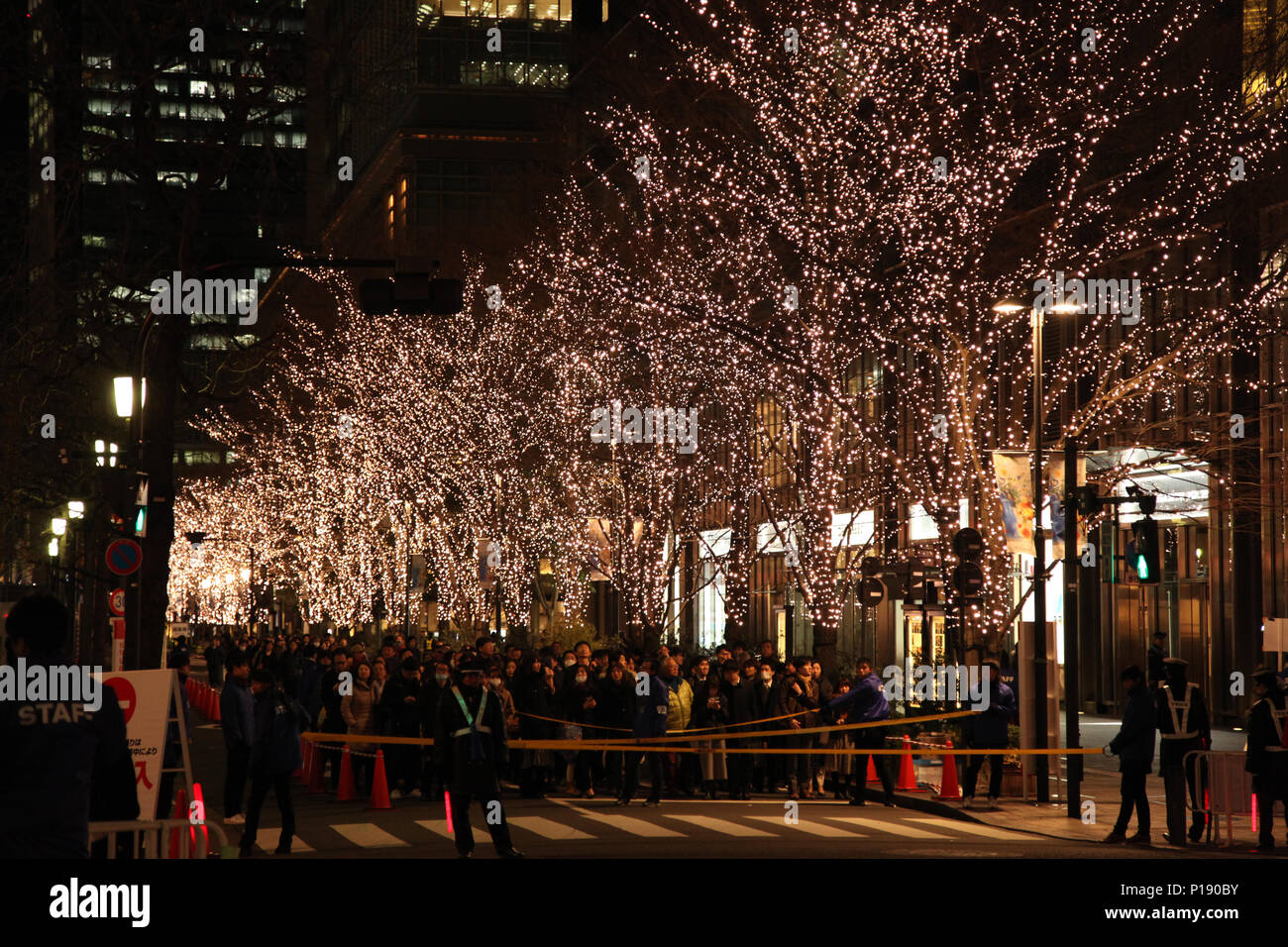 Tokyo, Japan - 28. Dezember 2017: Japaner und Touristen, die sich in der Linie Marunouchi Beleuchtung 2017 an der Hauptstraße, Marunouchi N Stockfoto
