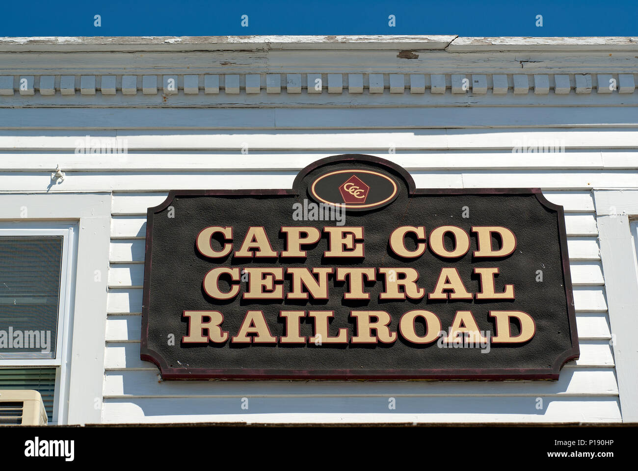 Zeichen der Cape Cod Central Railroad, Hyannis, Barnstable County, Cape Cod, Massachusetts, USA Stockfoto