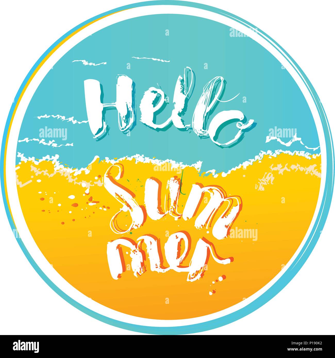 Hallo Sommer Inschrift auf dem Meer und Sand Hintergrund Hintergrund. Handschriftlichen Text für Karten, t-shirts, einfache Abbildung. Kreis banner Stock Vektor