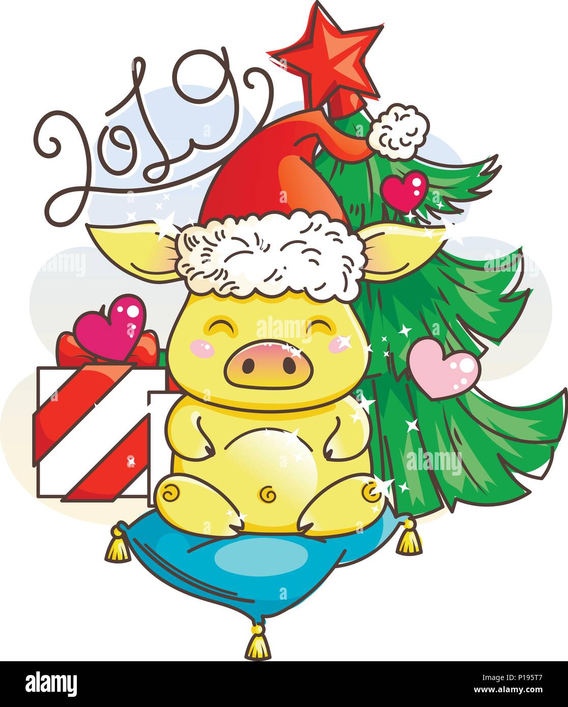 Golden cartoon Schwein in der Liebe mit Holiday tree Niedlich. Symbol des Neuen 2019 Jahr. Chinesisches Horoskop Stock Vektor