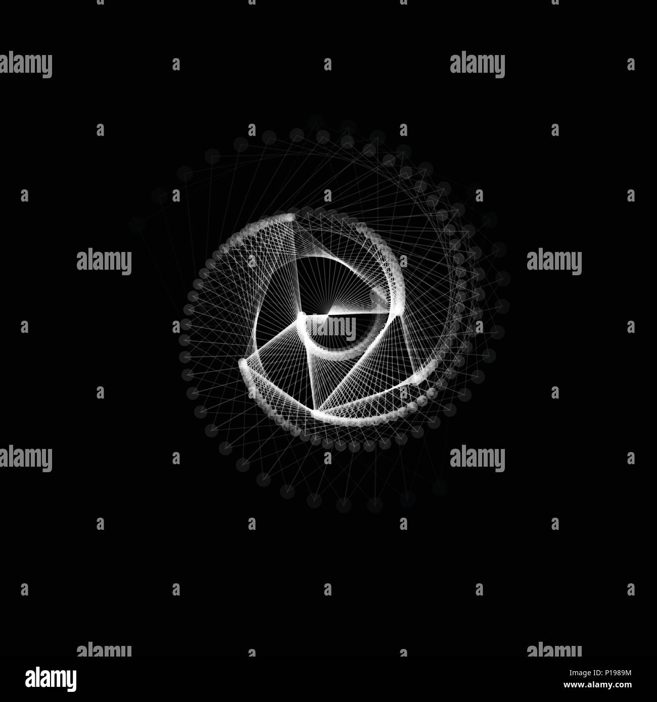 Weiße Linien und Punkten, Spirale drehen. Abstrakte geometrische Form. Ungewöhnliche Feuerwerk, digitale Explosion, Whirlpool. Vector Illustration auf schwarzen Hintergrund. Stock Vektor
