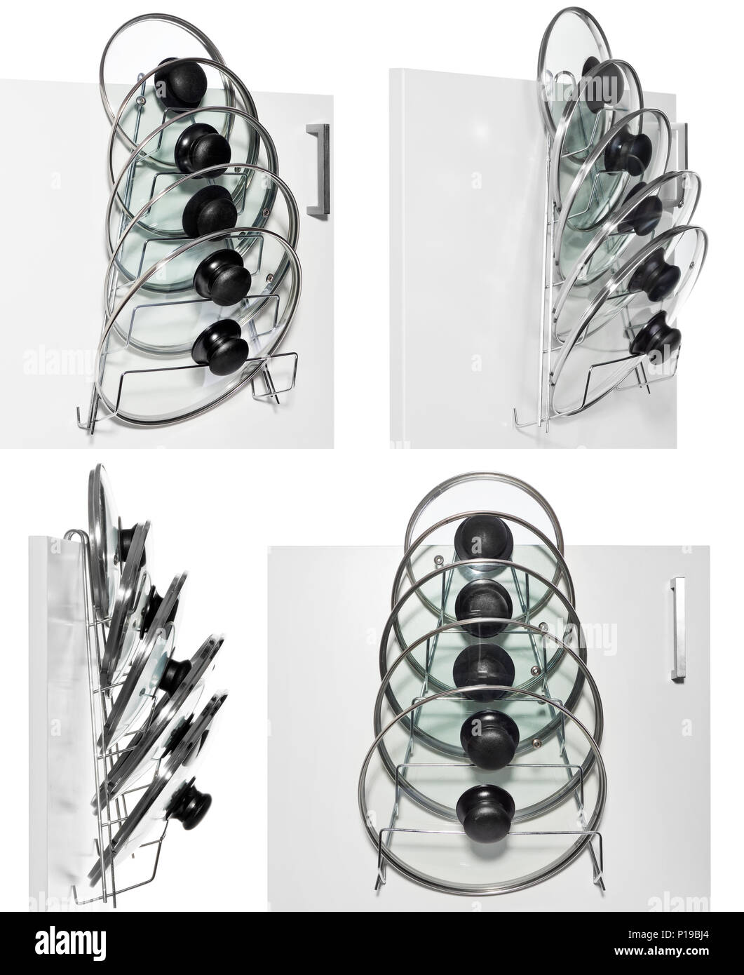 Eine Halterung mit Glasdeckel für Töpfe auf der Tür von einem Küchenschrank  gehängt. Kleiderbügel angepasst zum Aufhängen an Küche Geländer. Aus  Aluminium, si Stockfotografie - Alamy