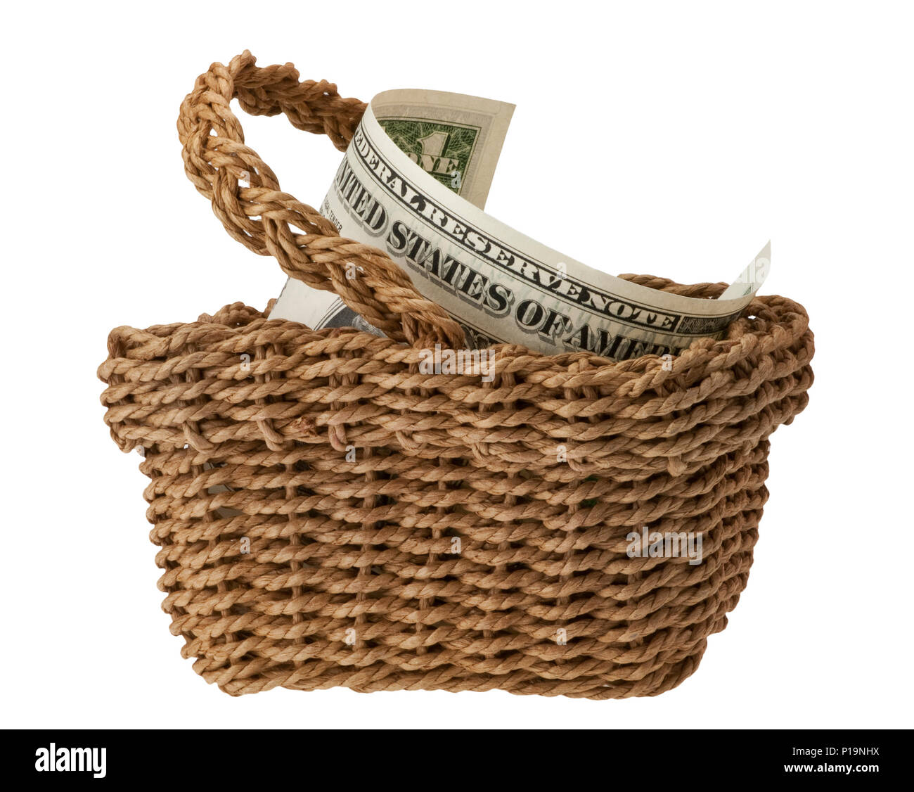 Miniatur Korb: Mit einem Dollar Bill Stockfoto