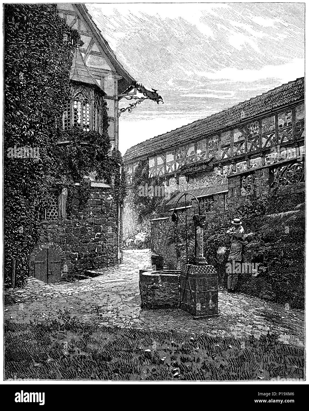 1883 Gravur der Innenhof in der Wartburg, ein Schloss mit Blick auf Eisenach in Thüringen, Deutschland. Stockfoto