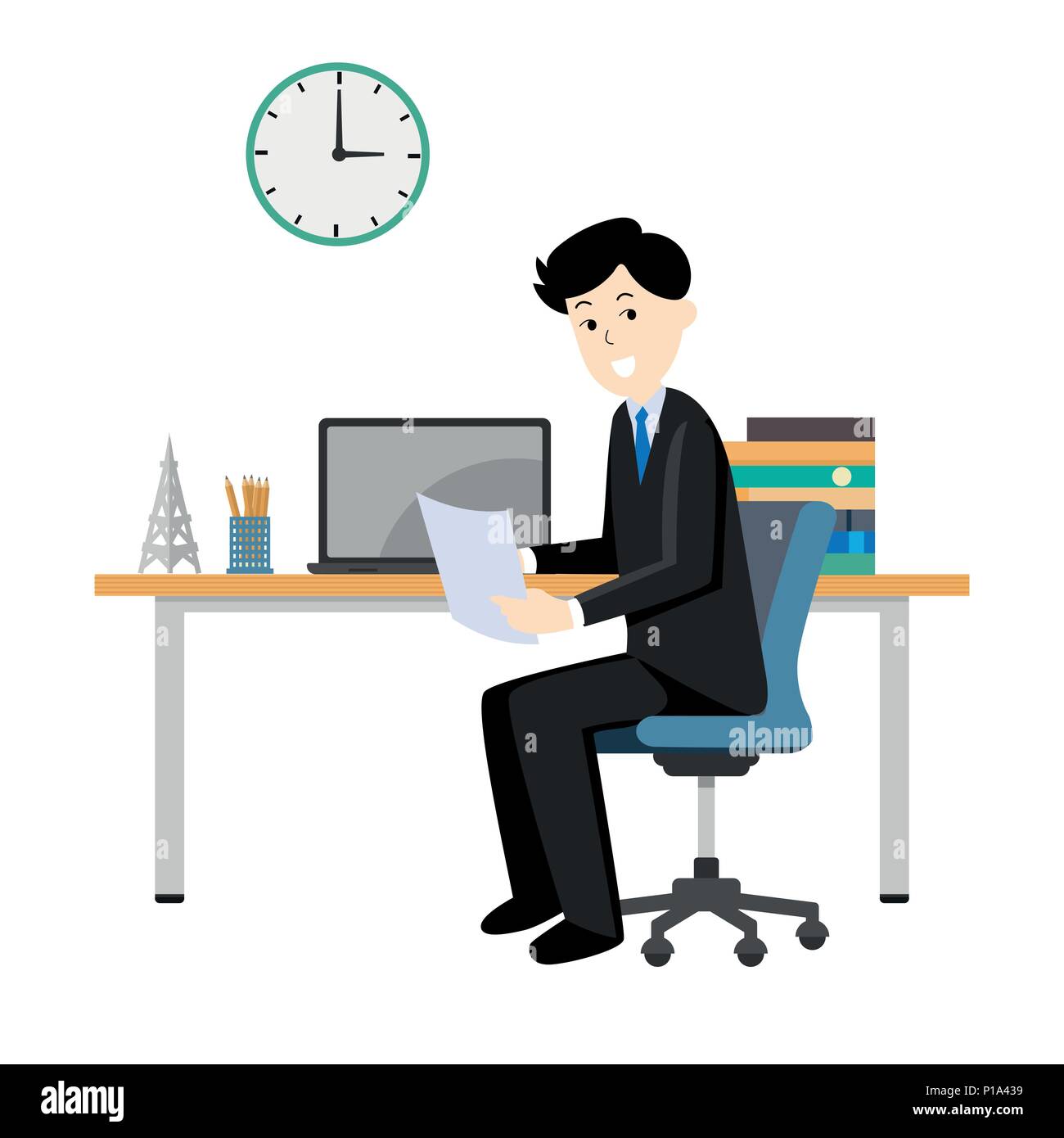 Geschäftsmann mit Büro, business Mann bei der Arbeit halten Dokument - Vektor flache Design Illustration. Stock Vektor