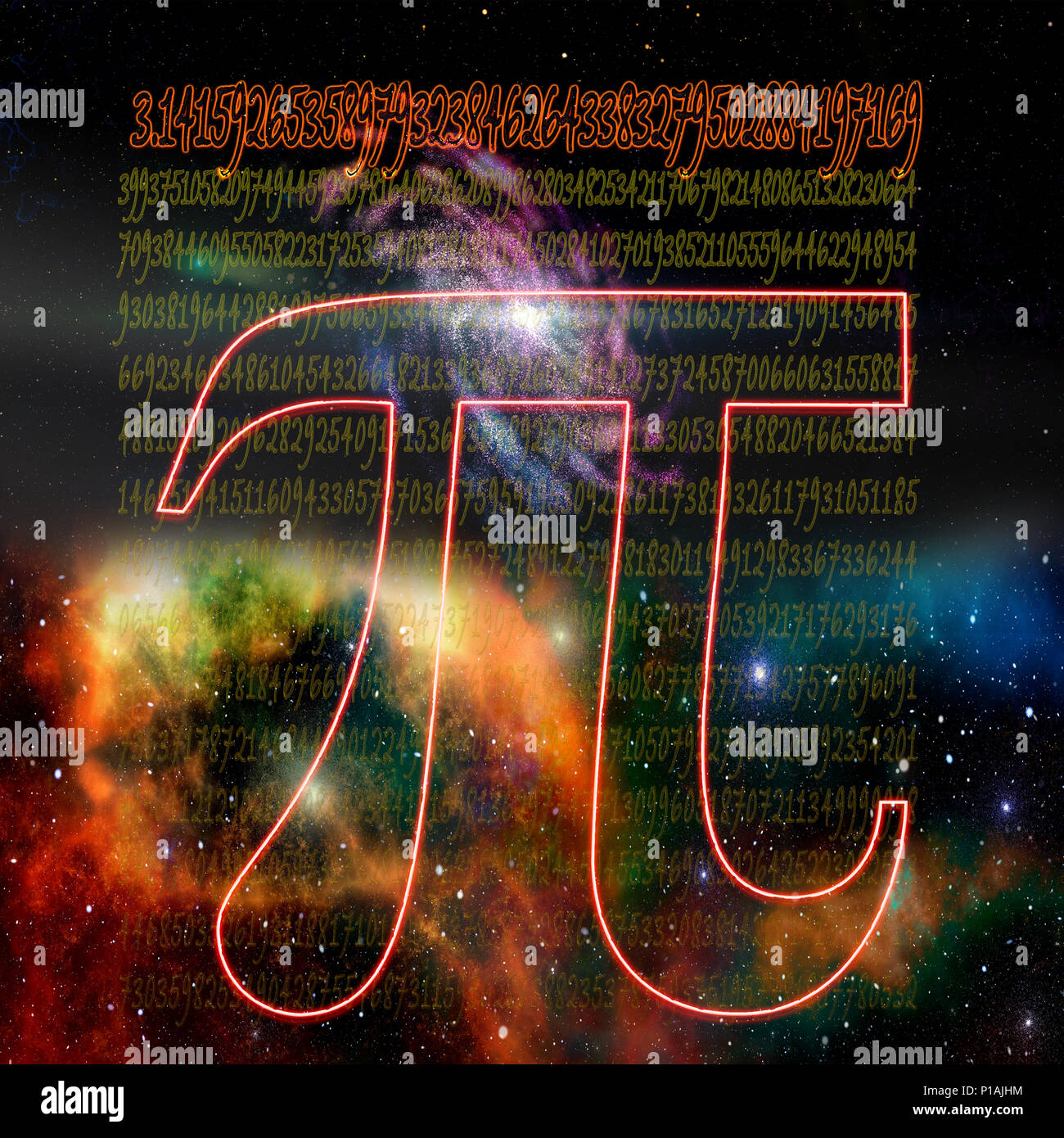 Digital verbesserte Bild der griechischen Buchstaben Pi mathematisches Zeichen im Raum mit die ersten tausend Stellen der Nummer im Hintergrund Stockfoto