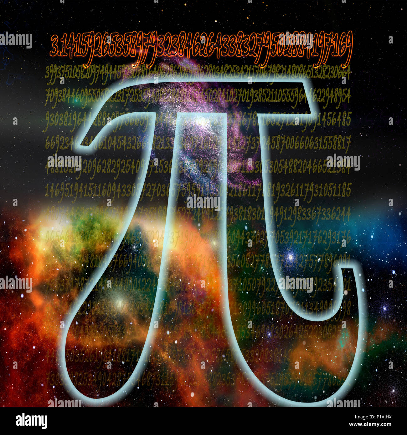 Digital verbesserte Bild der griechischen Buchstaben Pi mathematisches Zeichen im Raum mit die ersten tausend Stellen der Nummer im Hintergrund Stockfoto