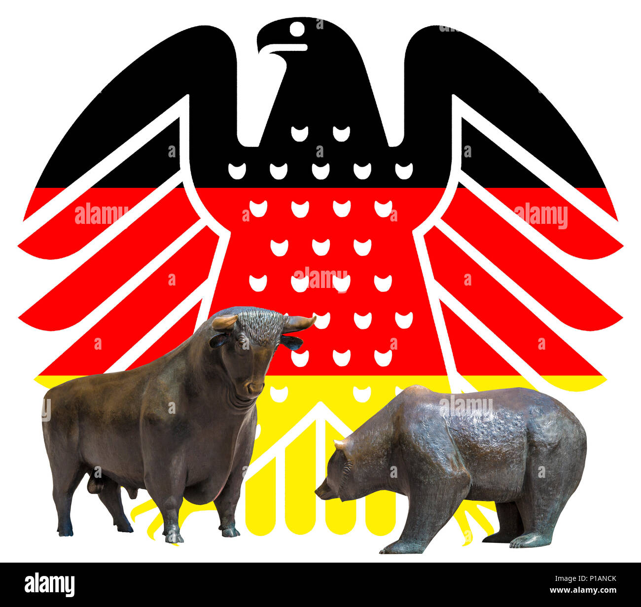 Neue bundesadler in den Farben schwarz - rot - Gold, das Wappentier der Bundesrepublik Deutschland, vor der Börse Bulle und Bär sym Stockfoto