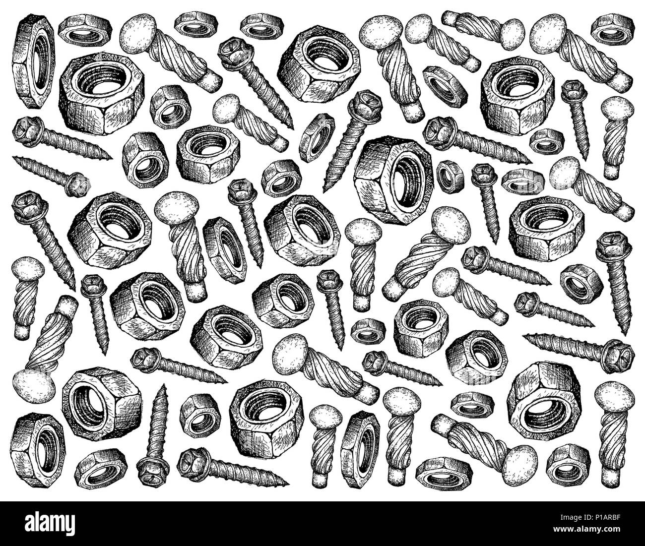 Fertigung und Industrie, Illustration Hand gezeichnete Skizze Hintergrund der  Hammer Schrauben, Blech Schrauben und Muttern. Eine Art von Fas  Stockfotografie - Alamy
