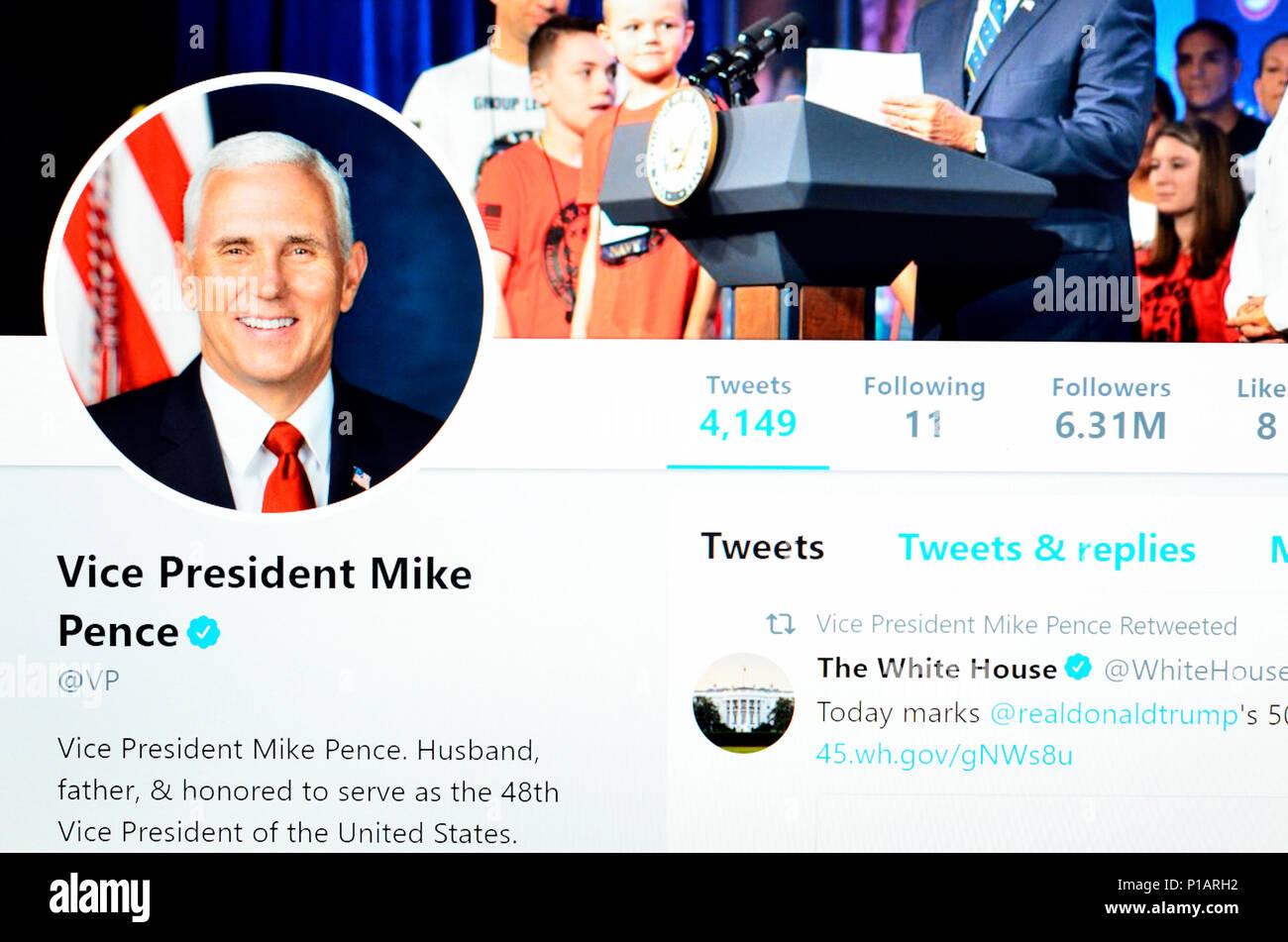 Mike Pence Twitter Konto Startseite (Juni 2018) Stockfoto