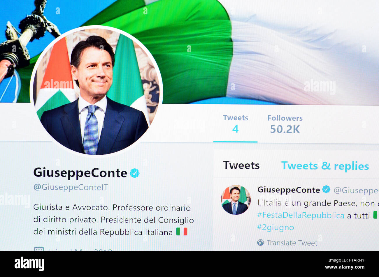 Giuseppe Conte (italienische Premierminister) Twitter Konto Startseite (Juni 2018) Stockfoto