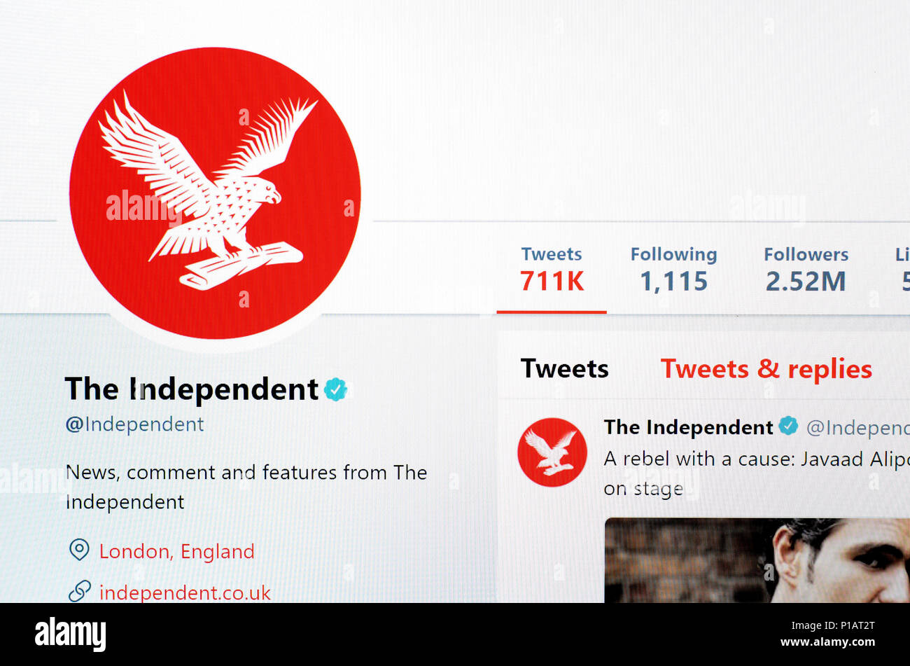 Die unabhängige Zeitung Twitter Konto Startseite (Juni 2018) Stockfoto