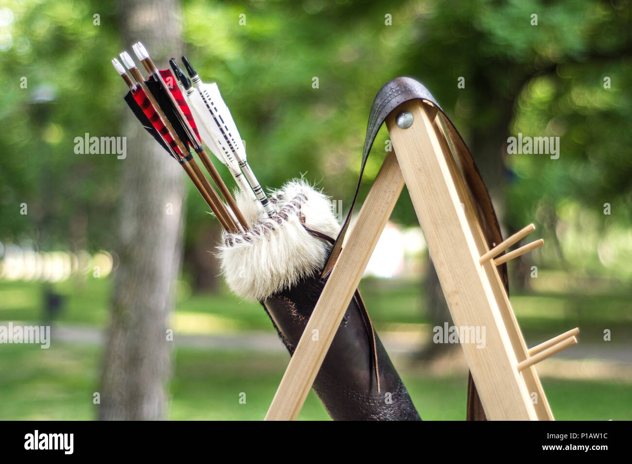 Mittelalterliche Satz von alten hölzernen Pfeile in Ledertasche hing am Stand. Grünen Wald verschwommenen Hintergrund. Close Up, selektive konzentrieren. Stockfoto