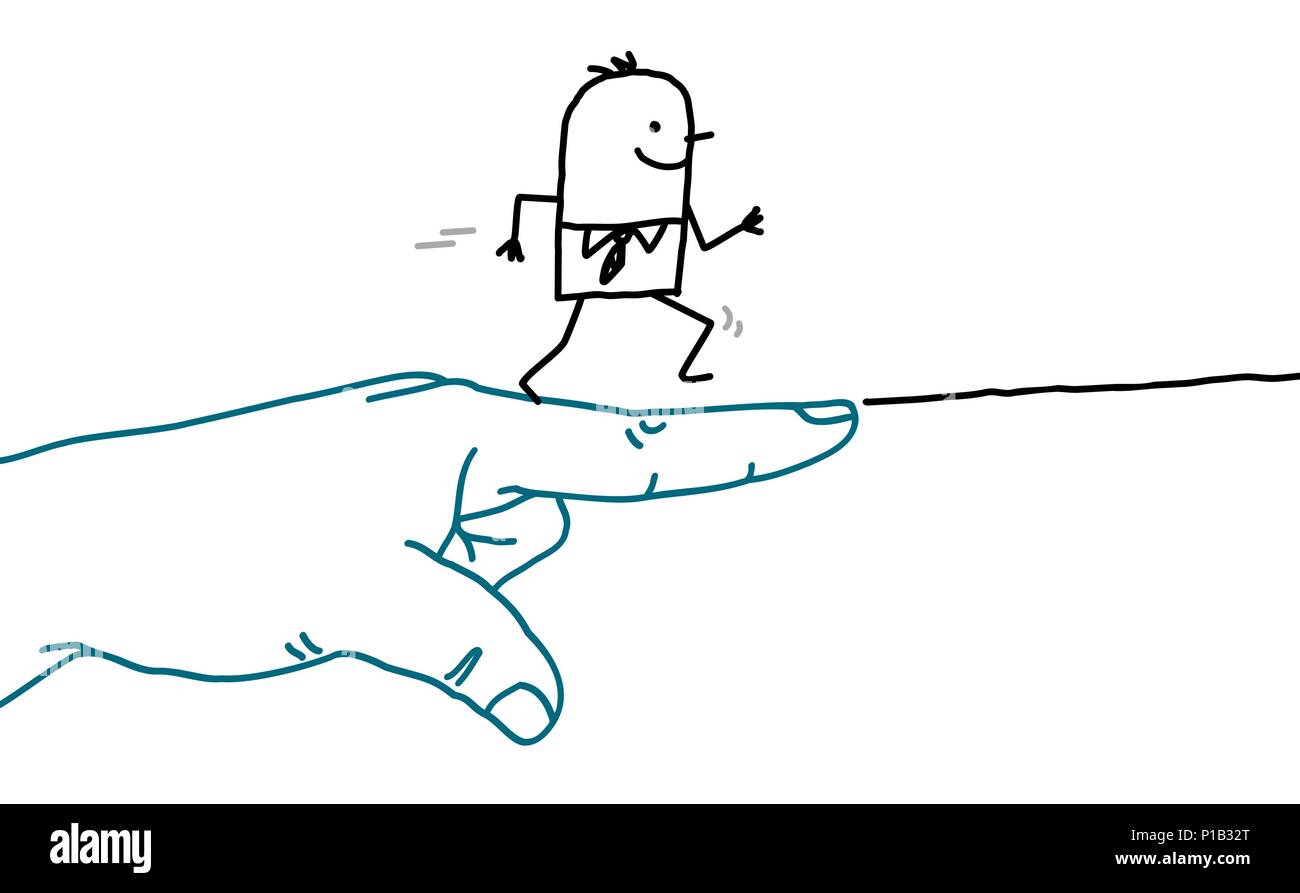 Große Hand mit Cartoon Character-Zeichen und laufender Mann Stock Vektor