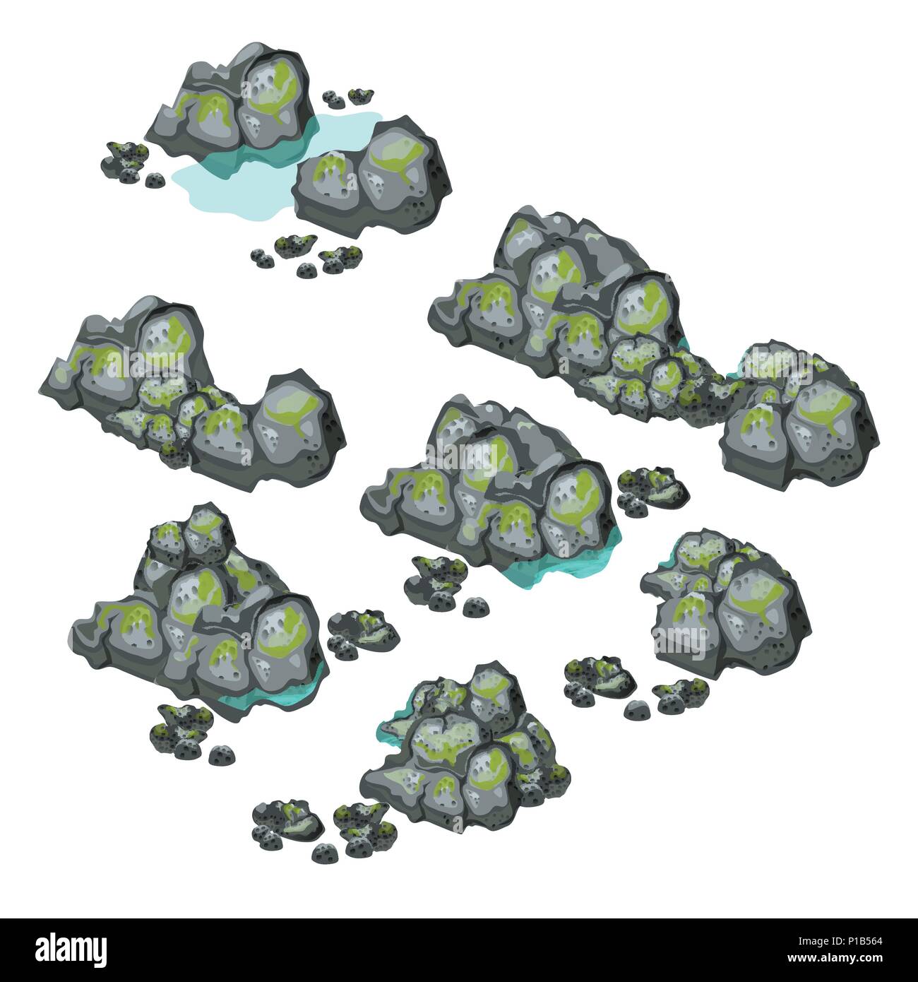 Eine Reihe von grauen Felsbrocken mit Schlick auf weißem Hintergrund abgedeckt. Vector Illustration. Stock Vektor