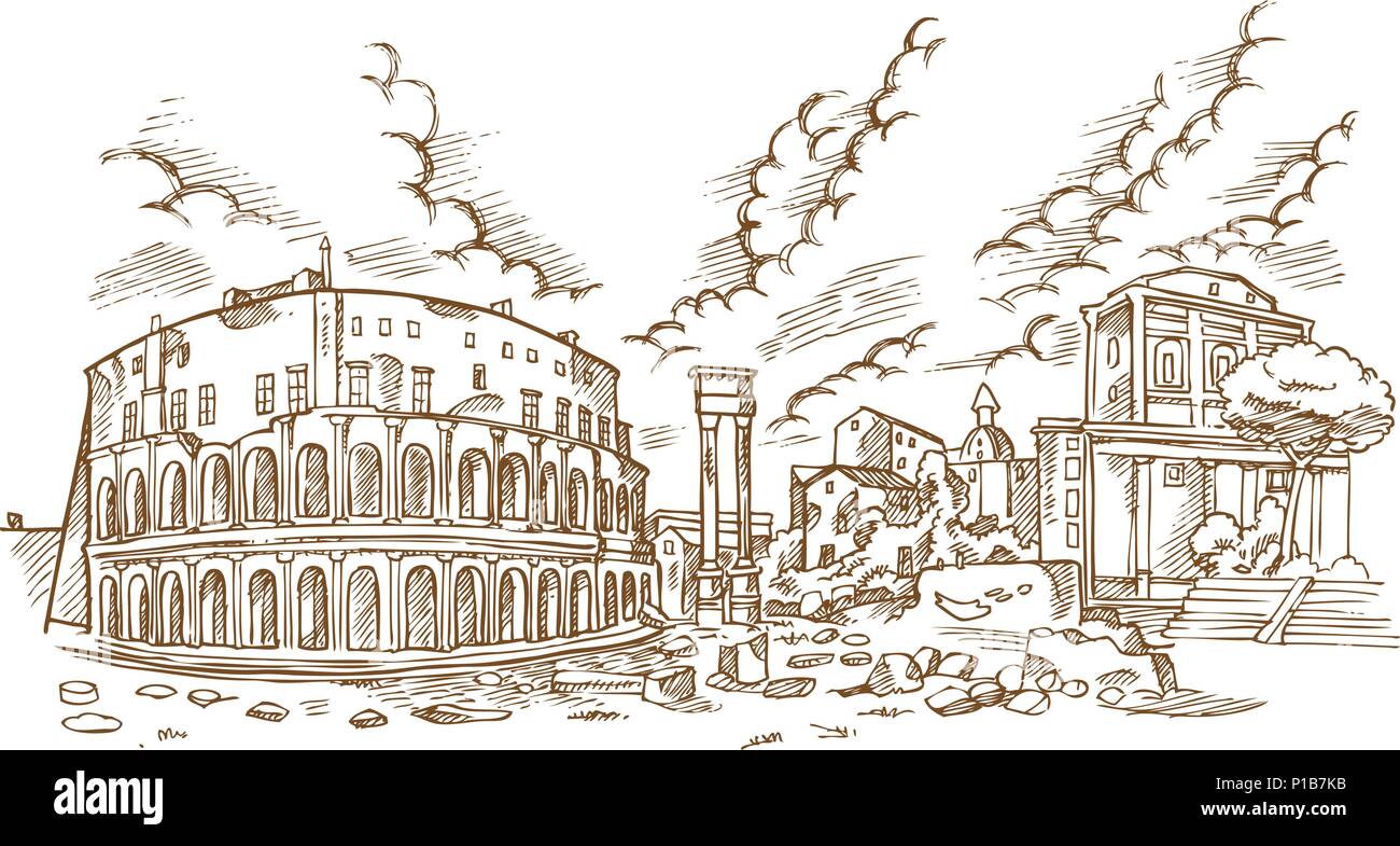 Panoramablick auf das antike Theater von Marcellus (Teatro di Marcello), Vector Illustration Hand zeichnen Stock Vektor