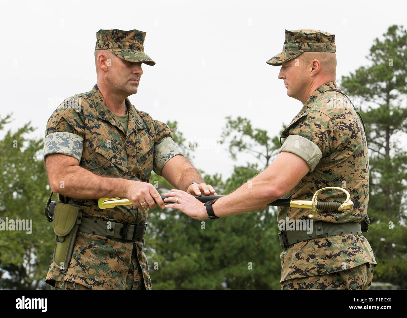 Us Marine Corps Sgt. Maj. Michael S. Woods, Links, überträgt das Schwert zu oberst Matthew S. Reid, kommandierender Offizier, 6 Marine Regiment, 2nd Marine Division, während eine Erleichterung und Termin Zeremonie am Camp Lejeune, N.C., Oktober 6, 2016. Sgt. Maj. Michael S. Woods Befehl an Sgt aufgegeben. Maj. Darrell L. Carver während der Zeremonie. (U.S. Marine Corps Foto: Staff Sgt. Keonaona C. Paulo 2d MARDIV Bekämpfung der Kamera) Stockfoto