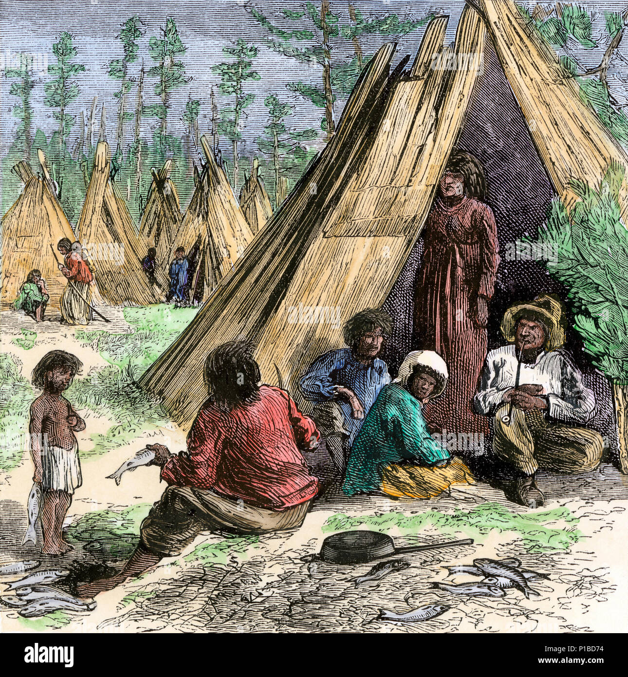 Native American Rancheria, Nordkalifornien, 1800. Hand - farbige Holzschnitt Stockfoto
