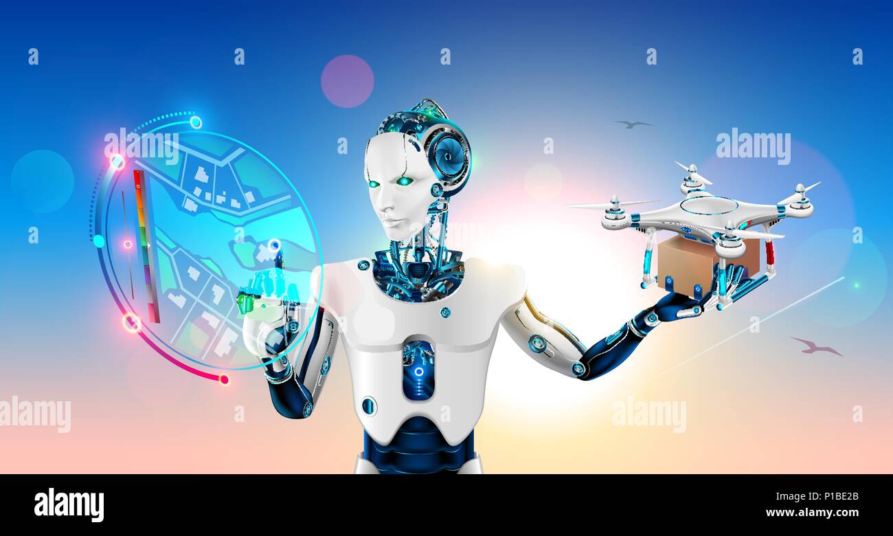Man Roboter oder Cyborg mit künstlicher Intelligenz startet drone in den Punkt auf virtuellen hud Karte. Automatisierte geistigen Delivery System Pakete von au Stock Vektor