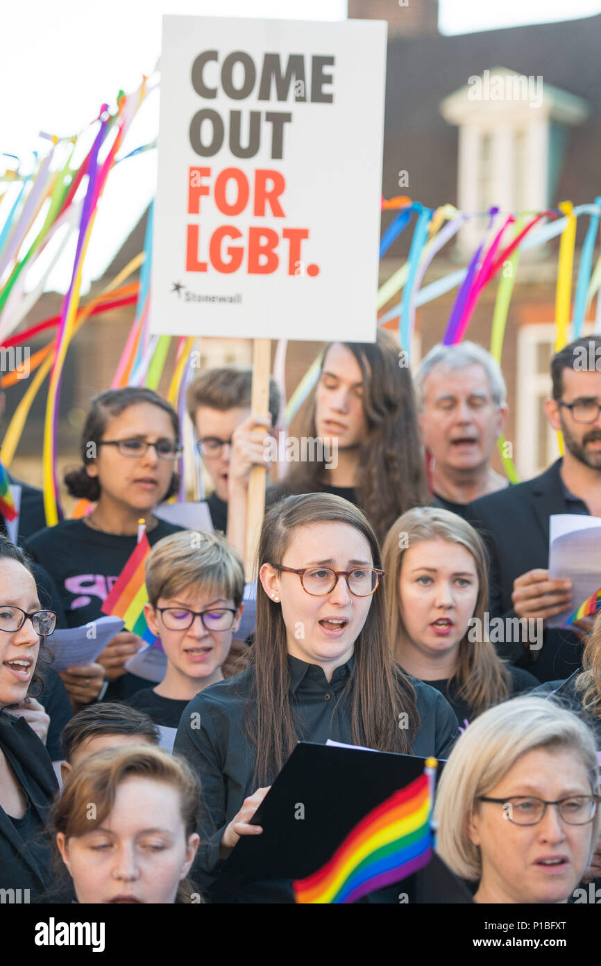 Ein 100-köpfiger LGBT-Superchor singt vor dem Parlament vor einer Reihe von Abstimmungen zum EU-Austrittsgesetz. Stockfoto