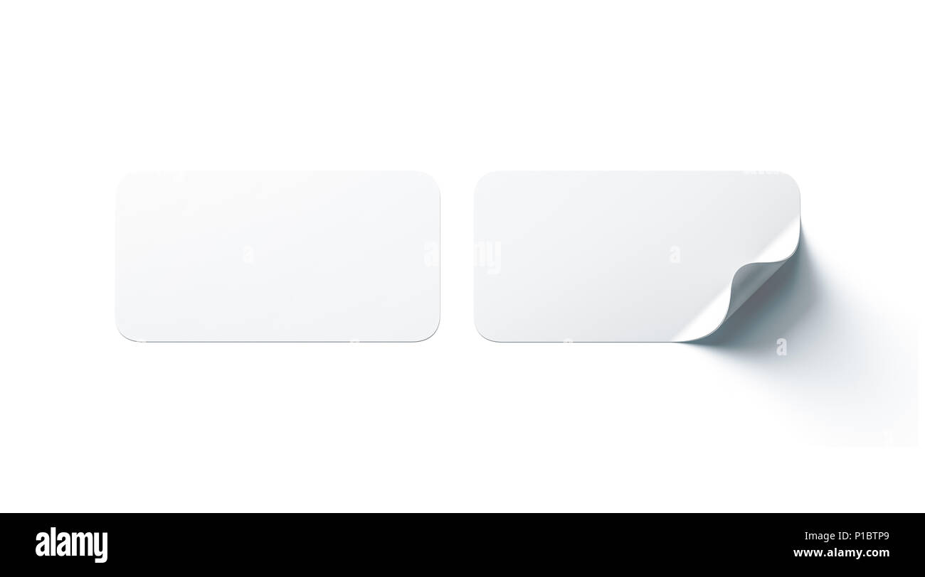 Leere weiße Rechteck Aufkleber mock up mit gebogenen Ecken, 3D-Rendering. Leere länglich klebrige Label mockup mit Curl. Adhärente klaren Tag Vorlage für Glas Tür oder Wand. Stockfoto