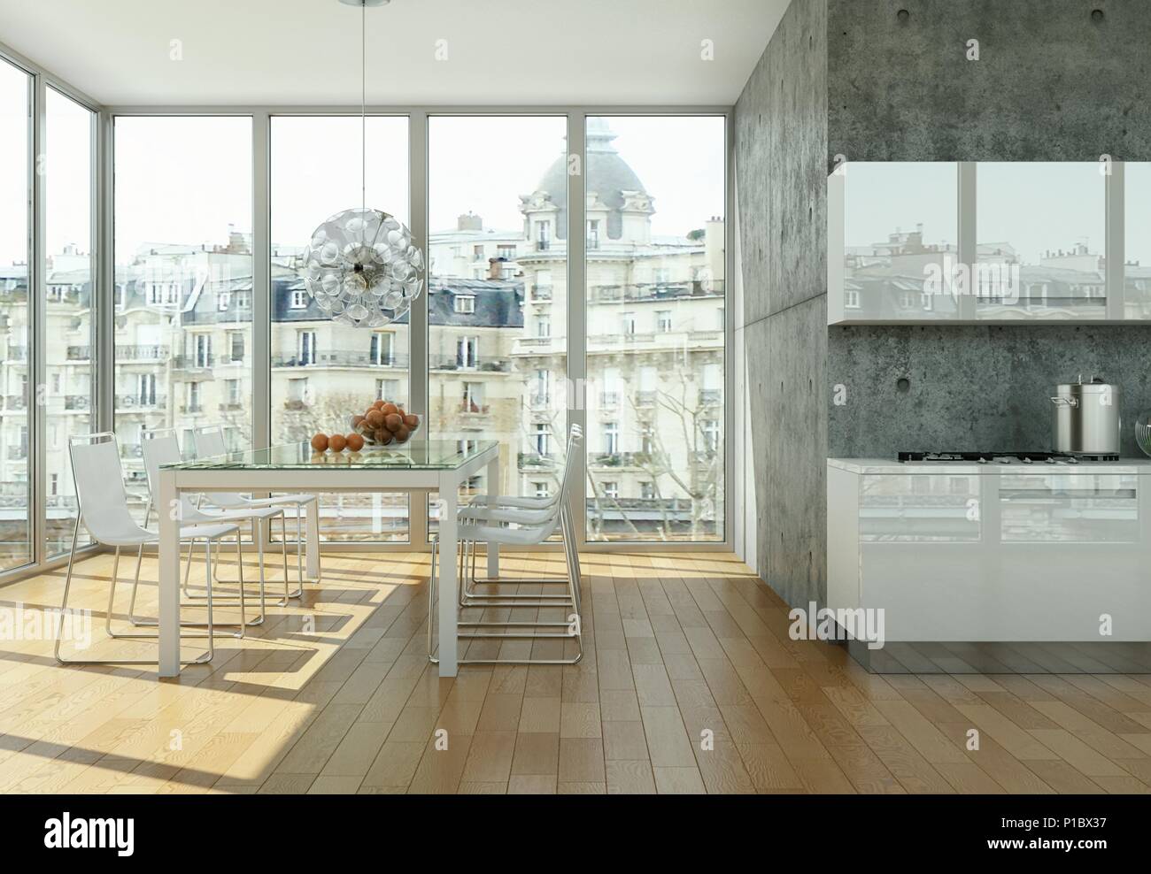 Helle, moderne Küche in einem Raum mit Betonwänden Stockfoto