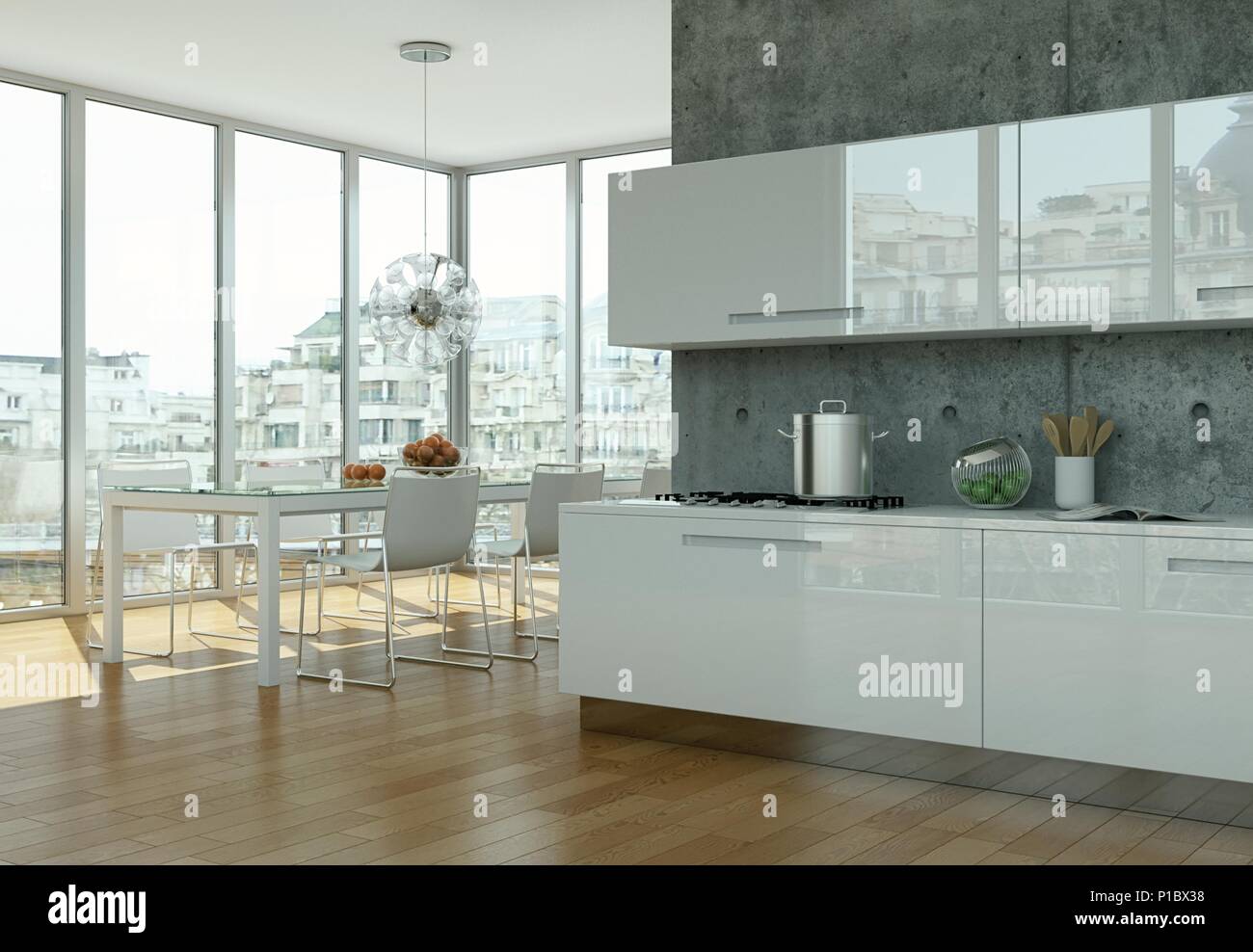 Helle, moderne Küche in einem Raum mit Betonwänden Stockfoto