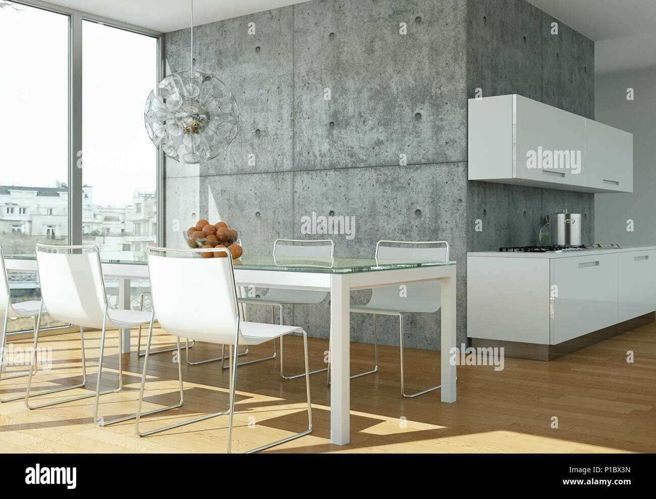 Helle, moderne Küche in einem Raum mit Betonwänden Stockfoto