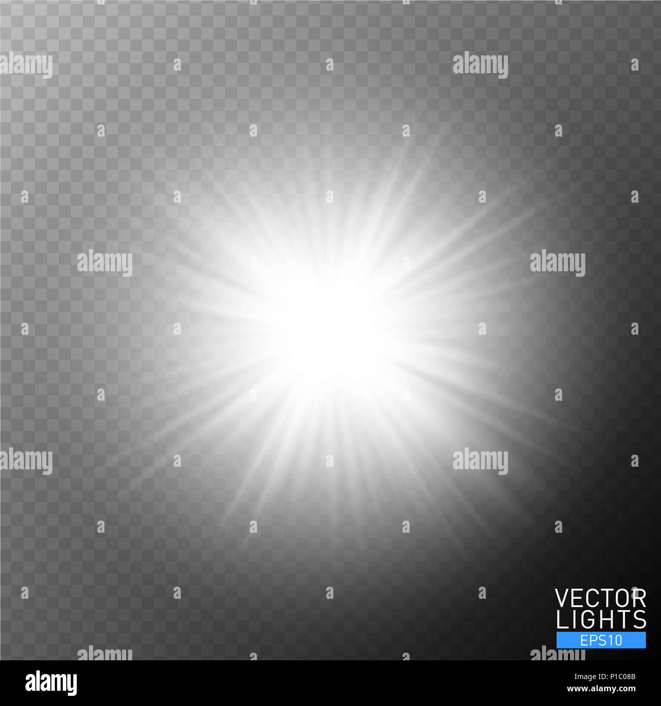 Weiß glühende Licht burst Explosion auf transparenten Hintergrund. Vector Illustration Lichteffekt Dekoration mit Strahlen. Hellen Stern. Durchscheinend Glanz Stock Vektor