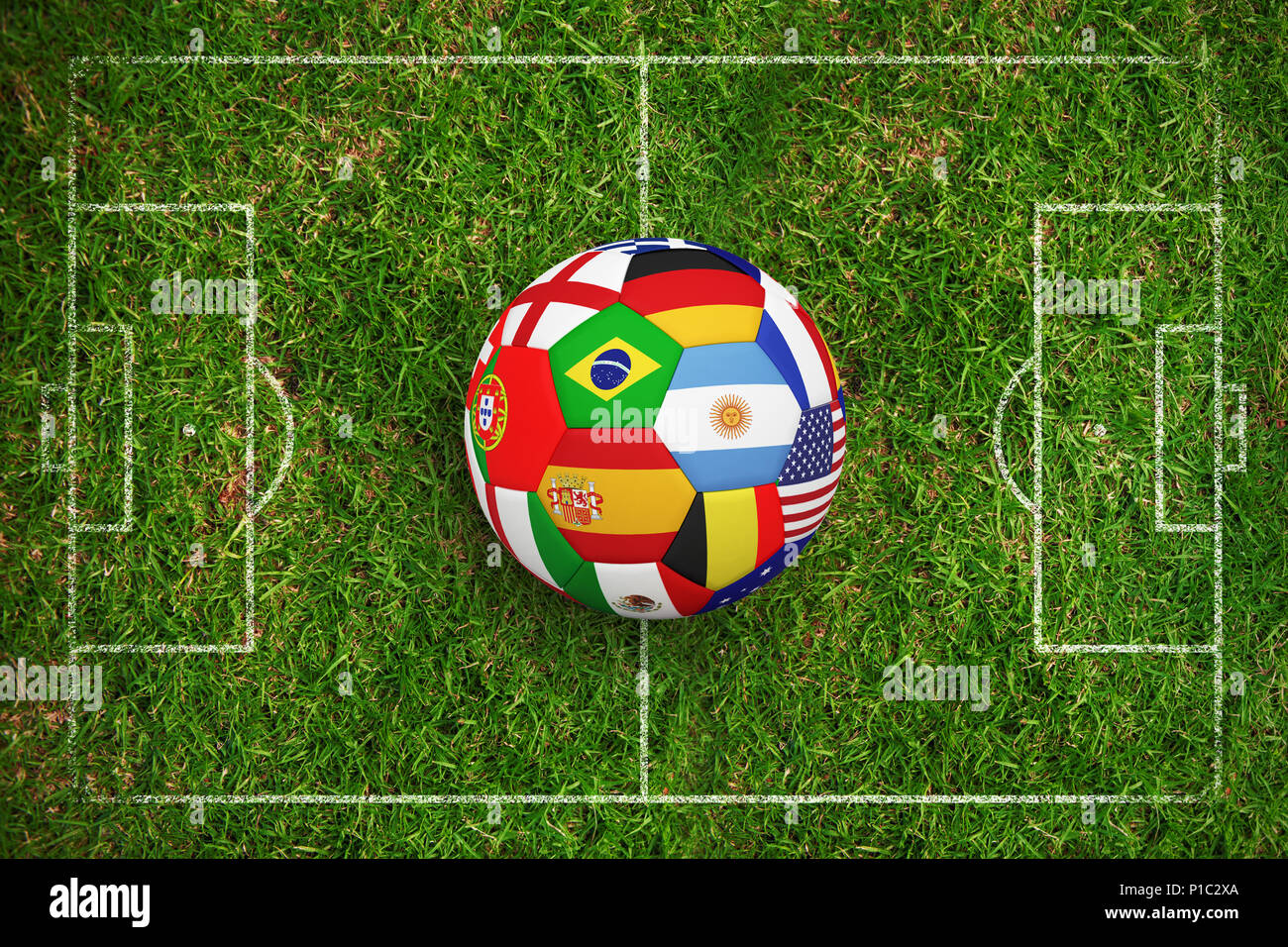 Zusammengesetztes Bild des Fußballs in Multi-nationalen Farben Stockfoto