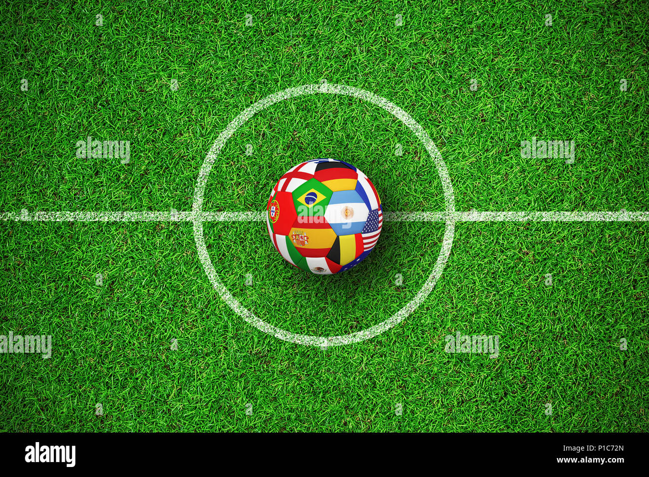 Zusammengesetztes Bild des Fußballs in Multi-nationalen Farben Stockfoto