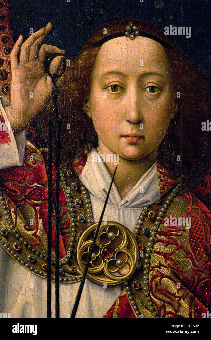 Nahaufnahme des Gesichts des Hl. Michael wiegen der Seelen von Polyptyque des letzten Urteils durch Roger van der Weyden im Hotel Dieu mittelalterlichen Krankenhaus Beaune Fra Stockfoto