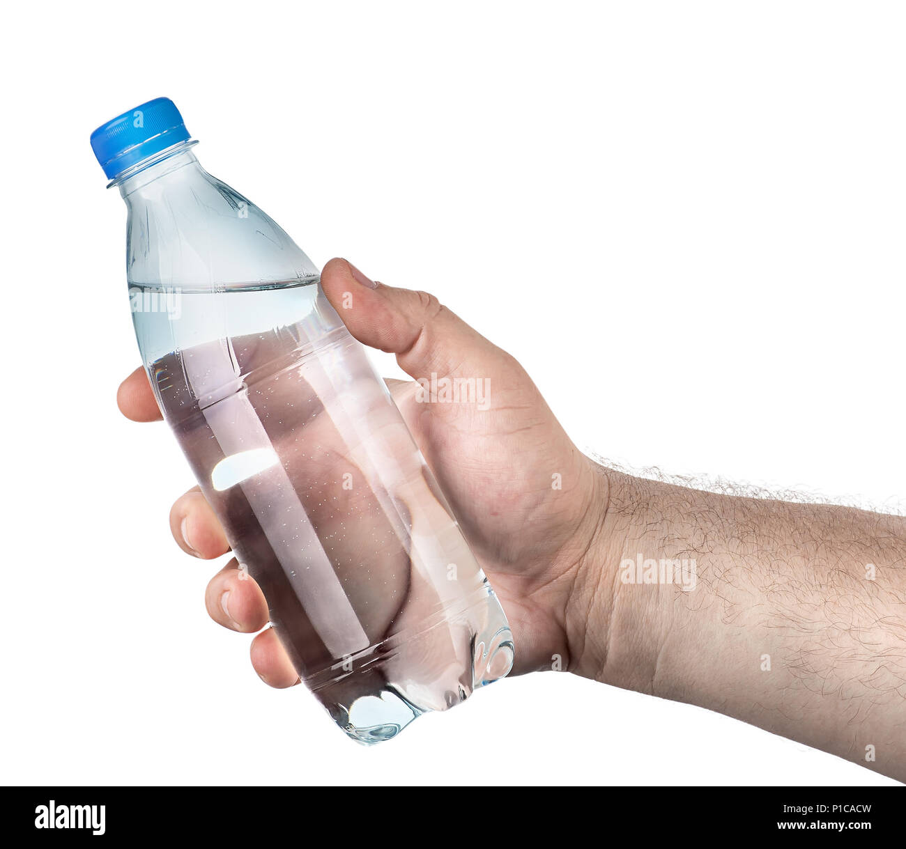 Geschlossen Kunststoff Flasche Wasser in der Hand Stockfoto
