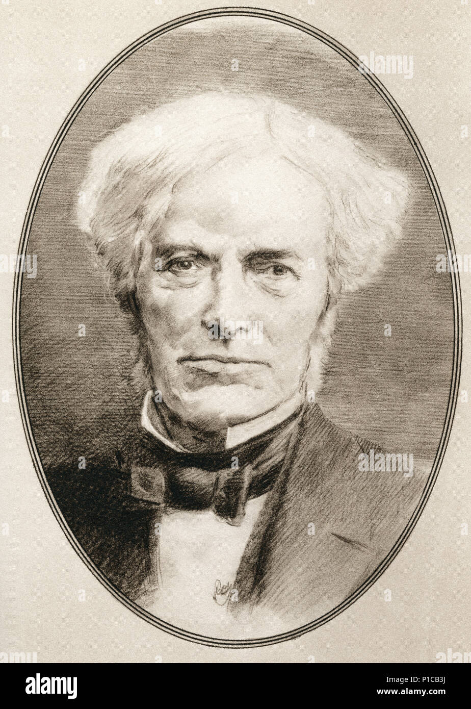 Michael Faraday, 1791 - 1867. Englische Wissenschaftler. Abbildung von Gordon Ross, US-amerikanischer Künstler und Illustrator (1873-1946), von lebenden Biographien berühmter Männer. Stockfoto