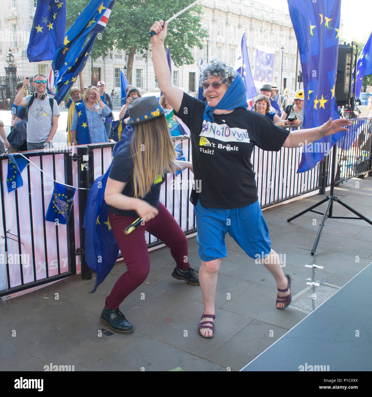 London, Großbritannien. 11. Juni 2018 - London - Oma bleiben (Lesley Bell) und Jo Bell bei ananti brexit Protest organisiert durch Stop Brexit Ltd, Nr. 10 Vigil, EU-Flagge Mafia und SODEM. Der Protest ist der Artikel 50 Herausforderung, kommt am 12. Juni 2018, in der vorgeschlagen wird, dass die Berufung auf Artikel 50 der EU war illegal zu verlassen, weil die Entscheidung, die EU zu verlassen nie vom Parlament verabschiedet wurde, zu unterstützen. Dieser Teil der Protest ist gegenüber der Downing Street, London von Richmond Terrasse. Weitere Informationen von Rachel@stopbrexitmarch.com # Nr. 10 Mahnwache#remainathon. Quelle: Bruce Tanner/Alamy Li Stockfoto