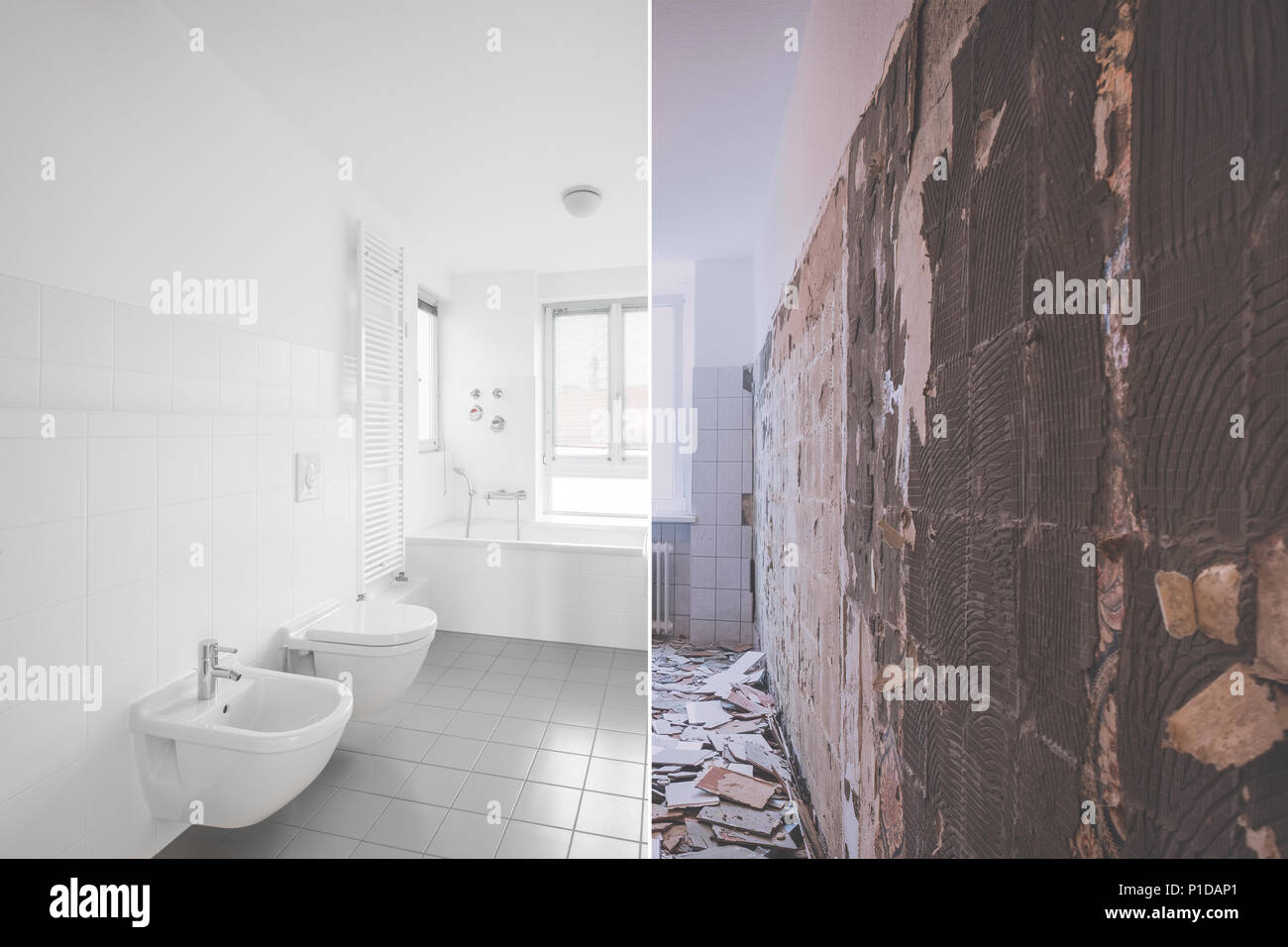 Gefliestes Badezimmer Renovierung - vor und nach der Restaurierung Stockfoto