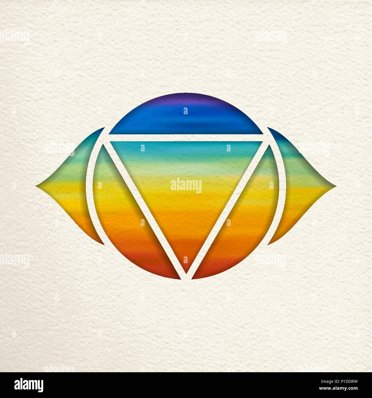 6. chakra Ajna, Abbildung in Papier schneiden Stil. Bunte Aquarell Hintergrund, Yoga Form des dritten Auges. EPS 10 Vektor. Stock Vektor