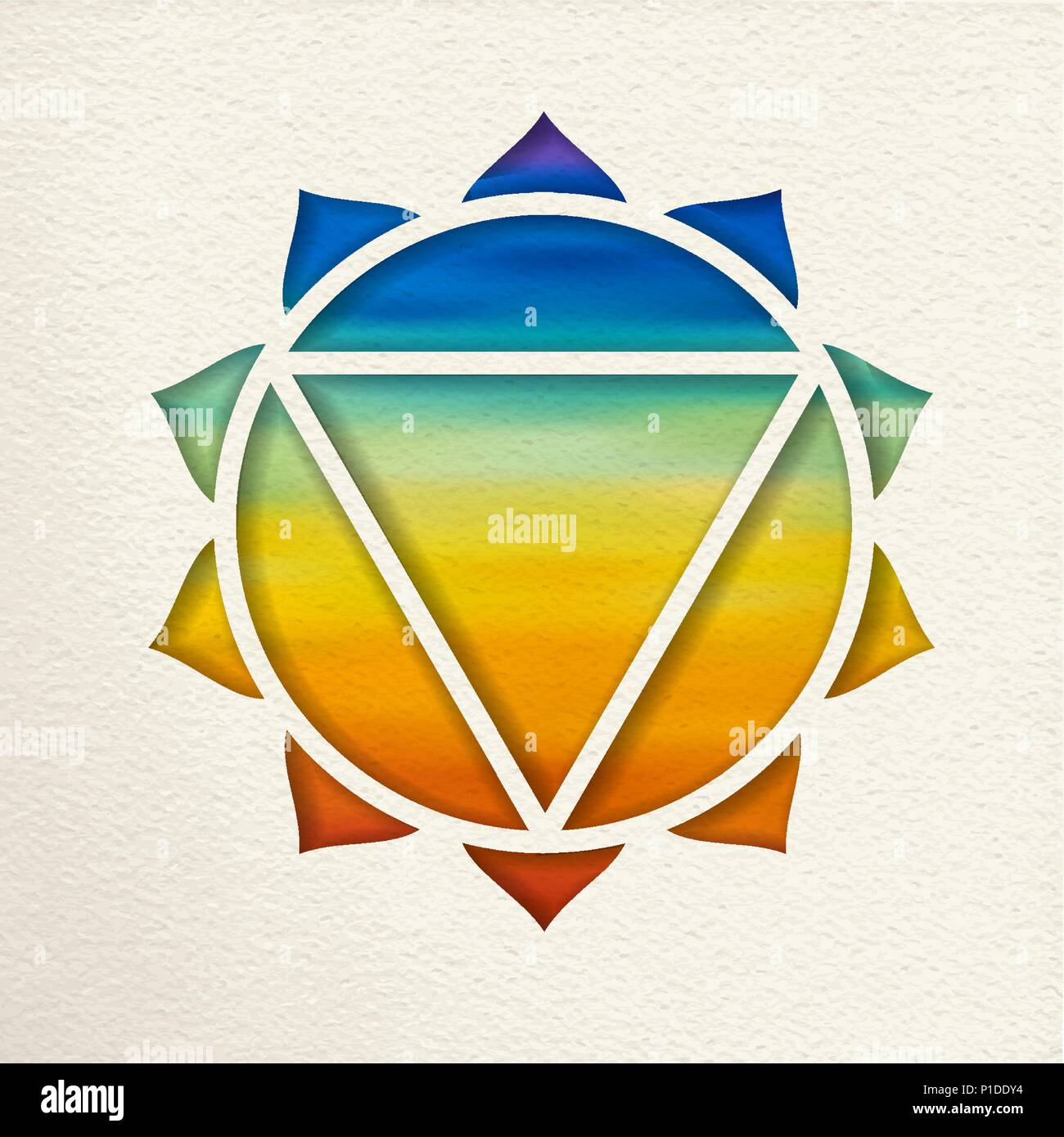 Manipura, 3 Solarplexus Chakra Abbildung in Papier schneiden Stil. Bunte Aquarell Hintergrund, Yoga Form. EPS 10 Vektor. Stock Vektor