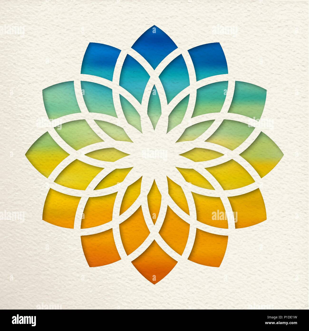 Sahasrara, 7 Kronen-Chakra Abbildung in Papier schneiden Stil. Bunte Aquarell Hintergrund, Yoga Form. EPS 10 Vektor. Stock Vektor