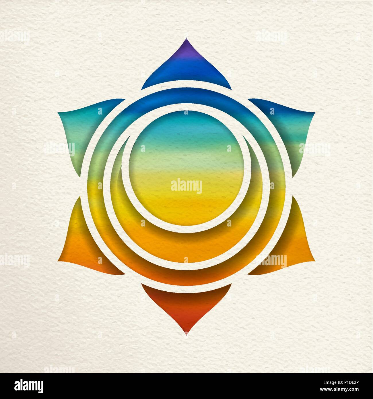 Svadhistana, 2 Sakral-Chakra Abbildung in Papier schneiden Stil. Bunte Aquarell Hintergrund, Yoga Form. EPS 10 Vektor. Stock Vektor