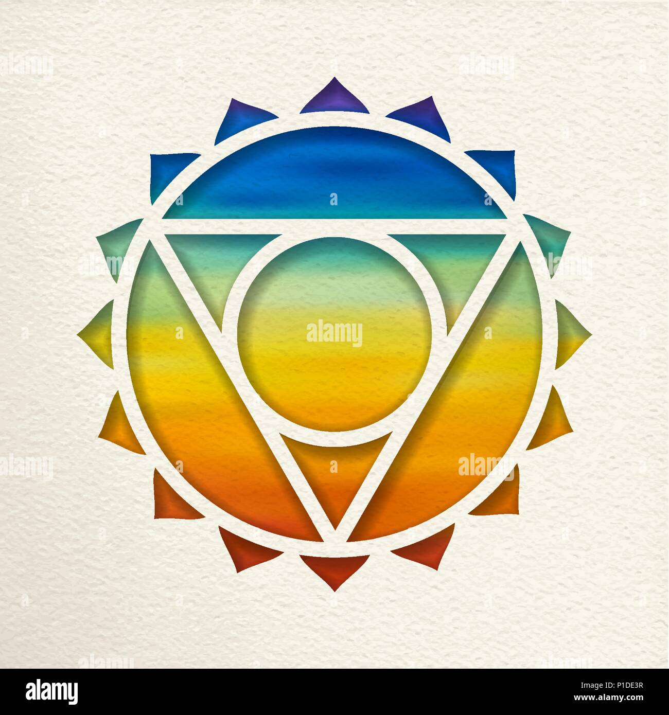 Vishuddha, 5 Hals- Chakra Abbildung in Papier schneiden Stil. Bunte Aquarell Hintergrund, Yoga Form. EPS 10 Vektor. Stock Vektor