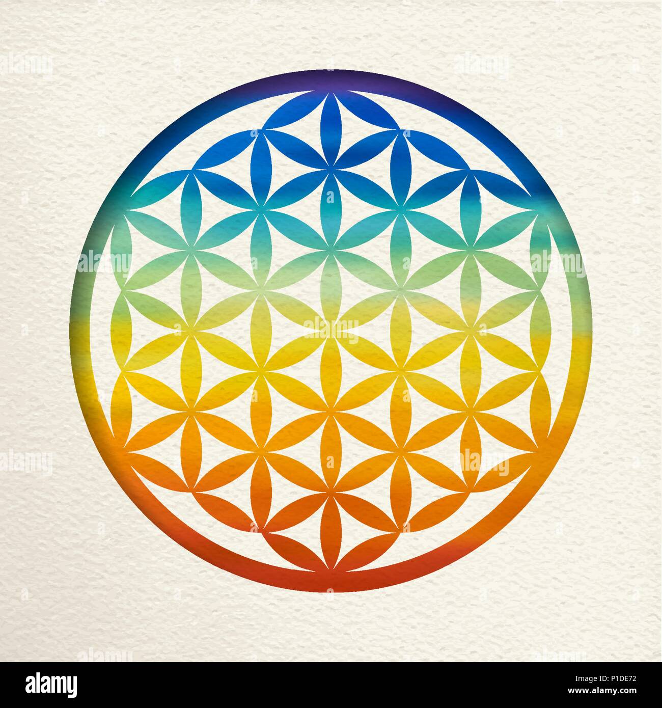 Blume des Lebens Mandala in Papier schneiden Stil mit bunten Aquarell. Zen Abbildung, yoga Hintergrund. EPS 10 Vektor. Stock Vektor