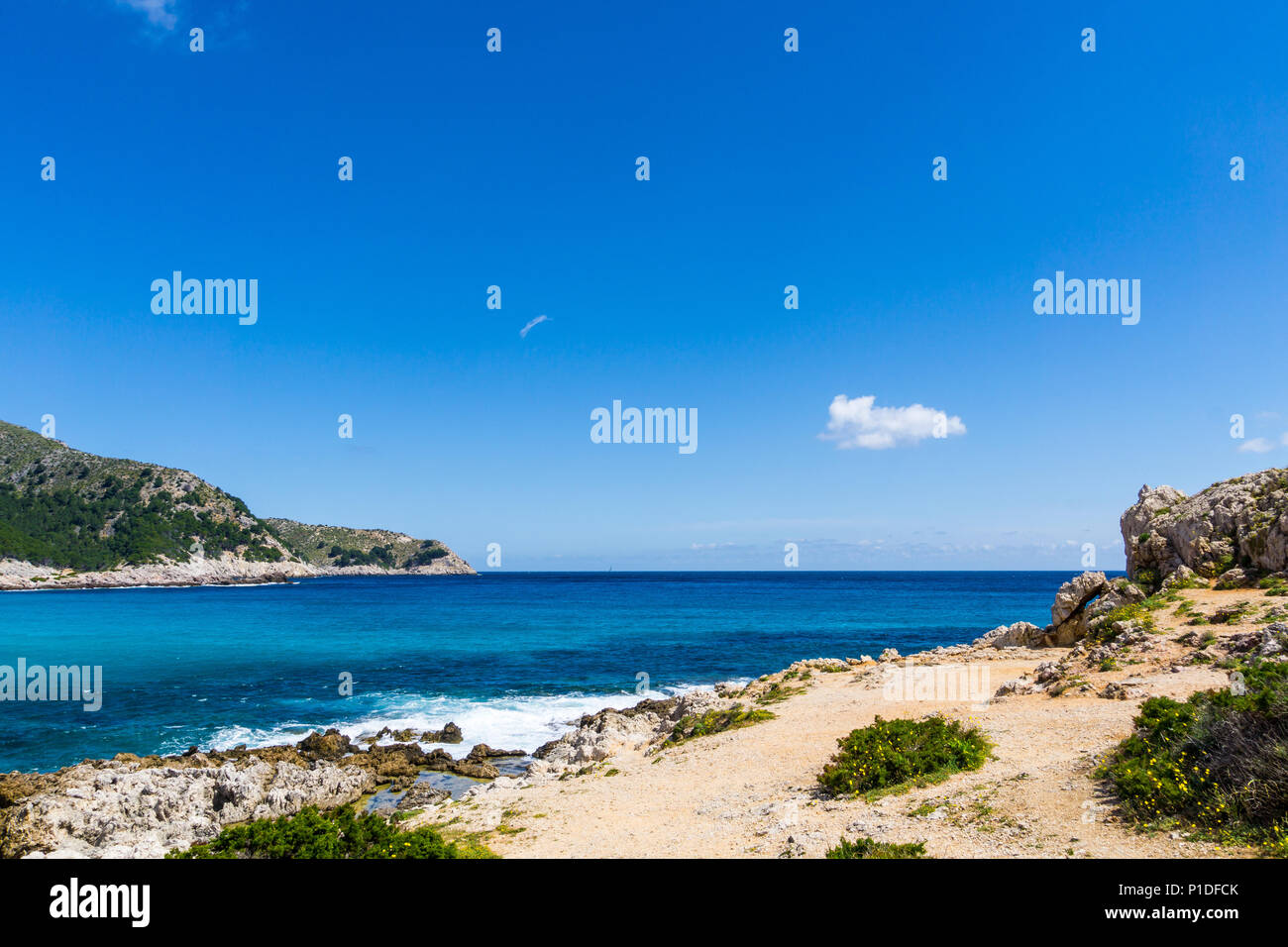 Mallorca, türkisfarbene Meer Wasser Natur Landschaft der kleinen Bucht Cala Agulla Stockfoto