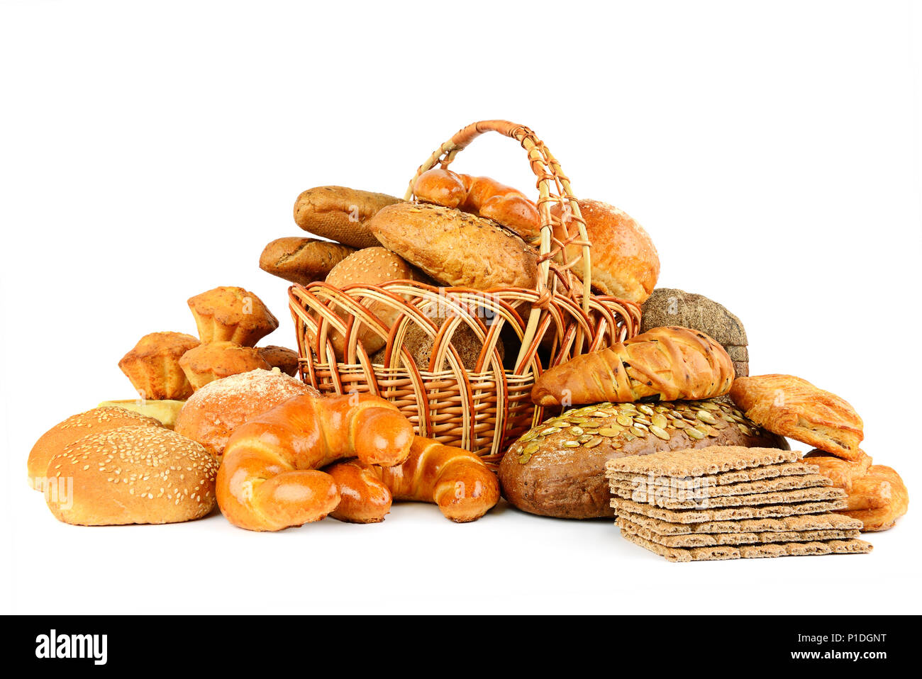 Sammlung von Brot Produkte auf weißem Hintergrund Stockfoto