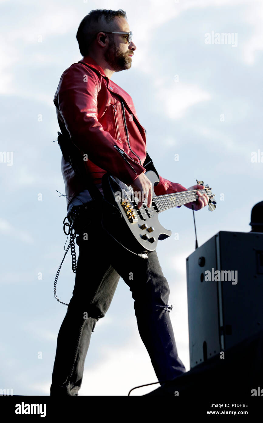 Johnny Christi der Avenged Sevenfold führt auf der Bühne am Download Festival 2018 in Donington Park, Derby am 8. Juni 2018. Stockfoto