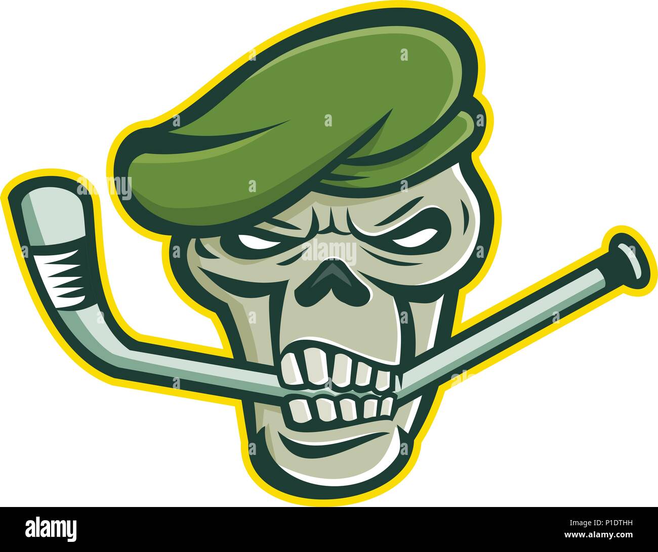Maskottchen Symbol Abbildung: Schädel Kopf einer Green Beret commando oder Elite leichte Infanterie oder Special forces Soldat beißen ein Eis hockey stick gesehen w Stock Vektor