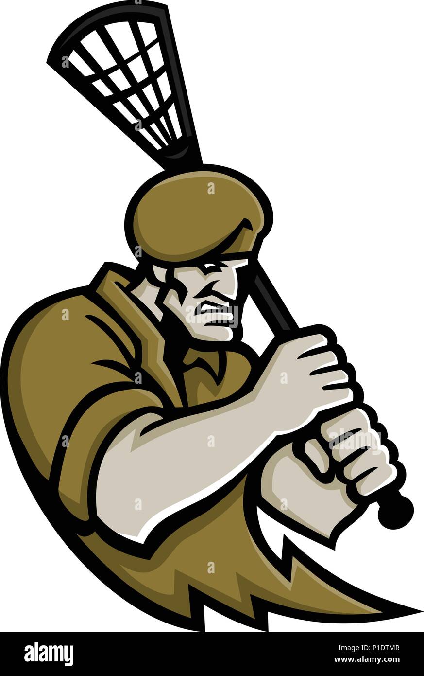 Maskottchen Symbol Abbildung: Büste eines Commando oder Elite leichte Infanterie oder Special forces Soldat mit lacrosse Stick von vorne auf dem isolierten Bac gesehen Stock Vektor