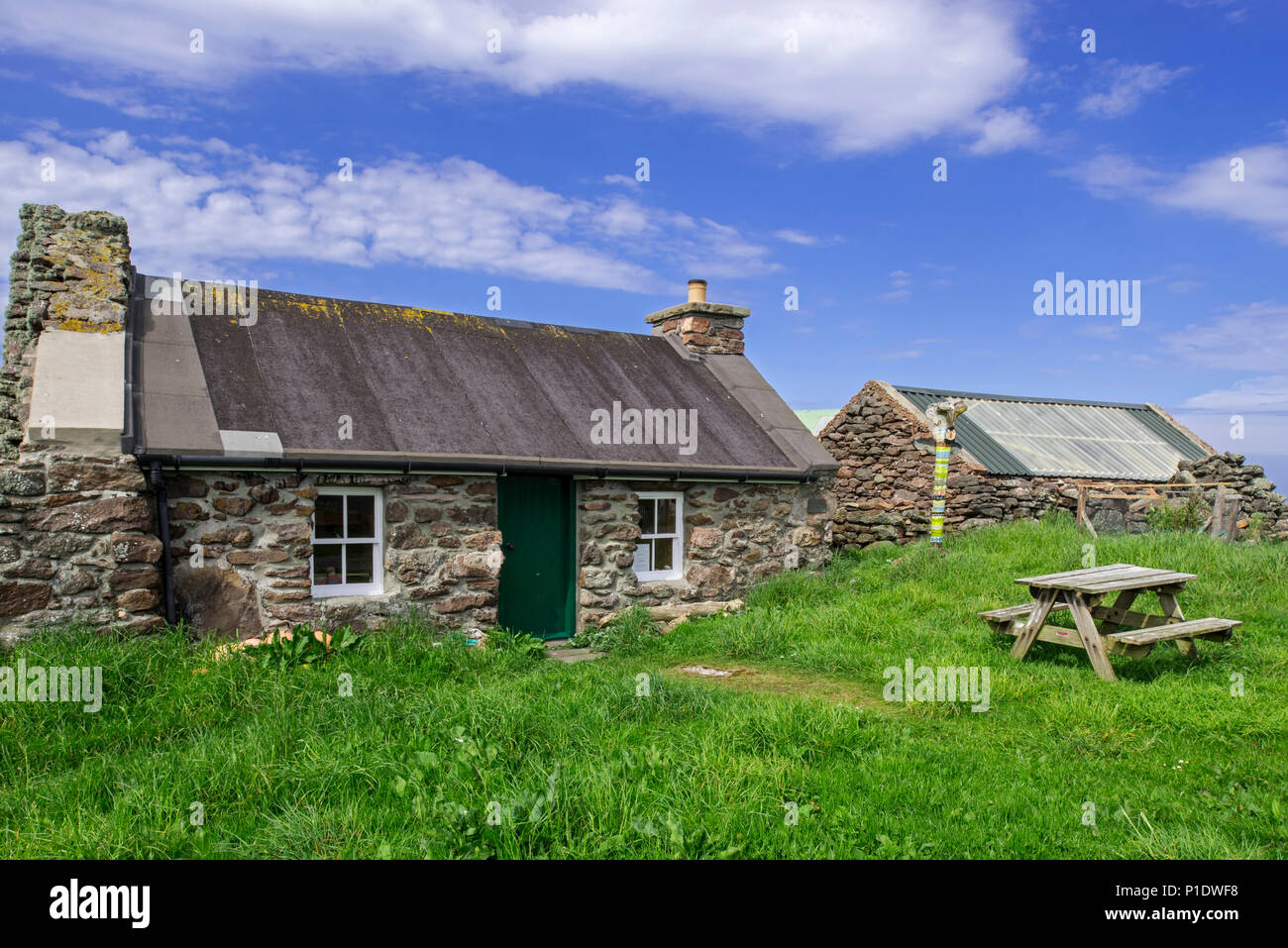 Johnnie Vorstellungen camping böd, Geburtsort von John Williamson in Hamnavoe bei Eshaness in Northmavine, Shetlandinseln, Schottland, Großbritannien Stockfoto