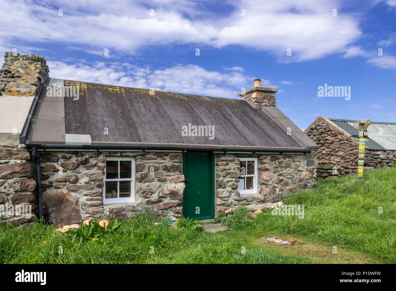 Johnnie Vorstellungen camping böd, Geburtsort von John Williamson in Hamnavoe bei Eshaness in Northmavine, Shetlandinseln, Schottland, Großbritannien Stockfoto